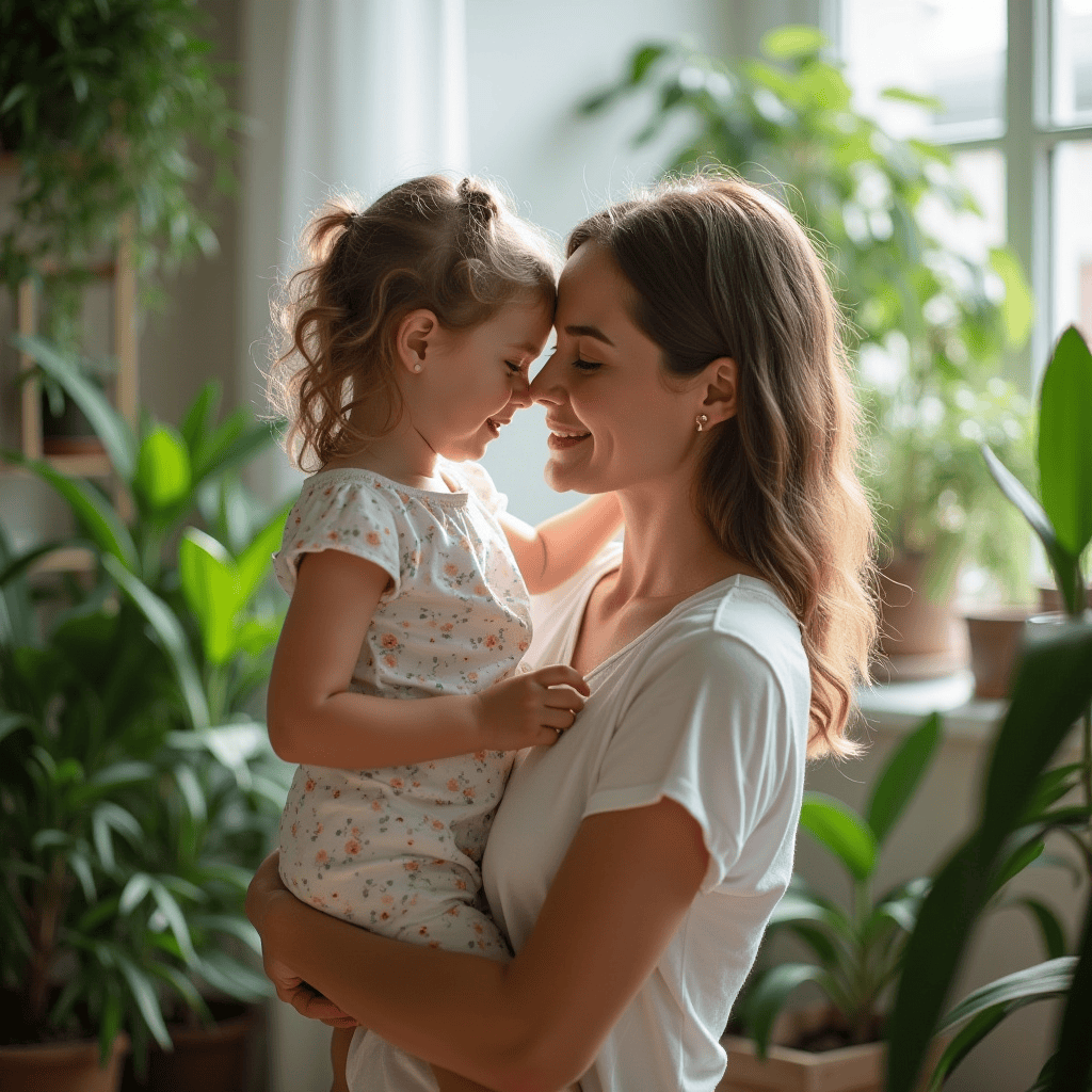 Madre sonriente abrazando a su hija pequeña en un entorno hogareño con plantas, simbolizando el compromiso de COEXPAN con el packaging sostenible para proteger el futuro de las nuevas generaciones
