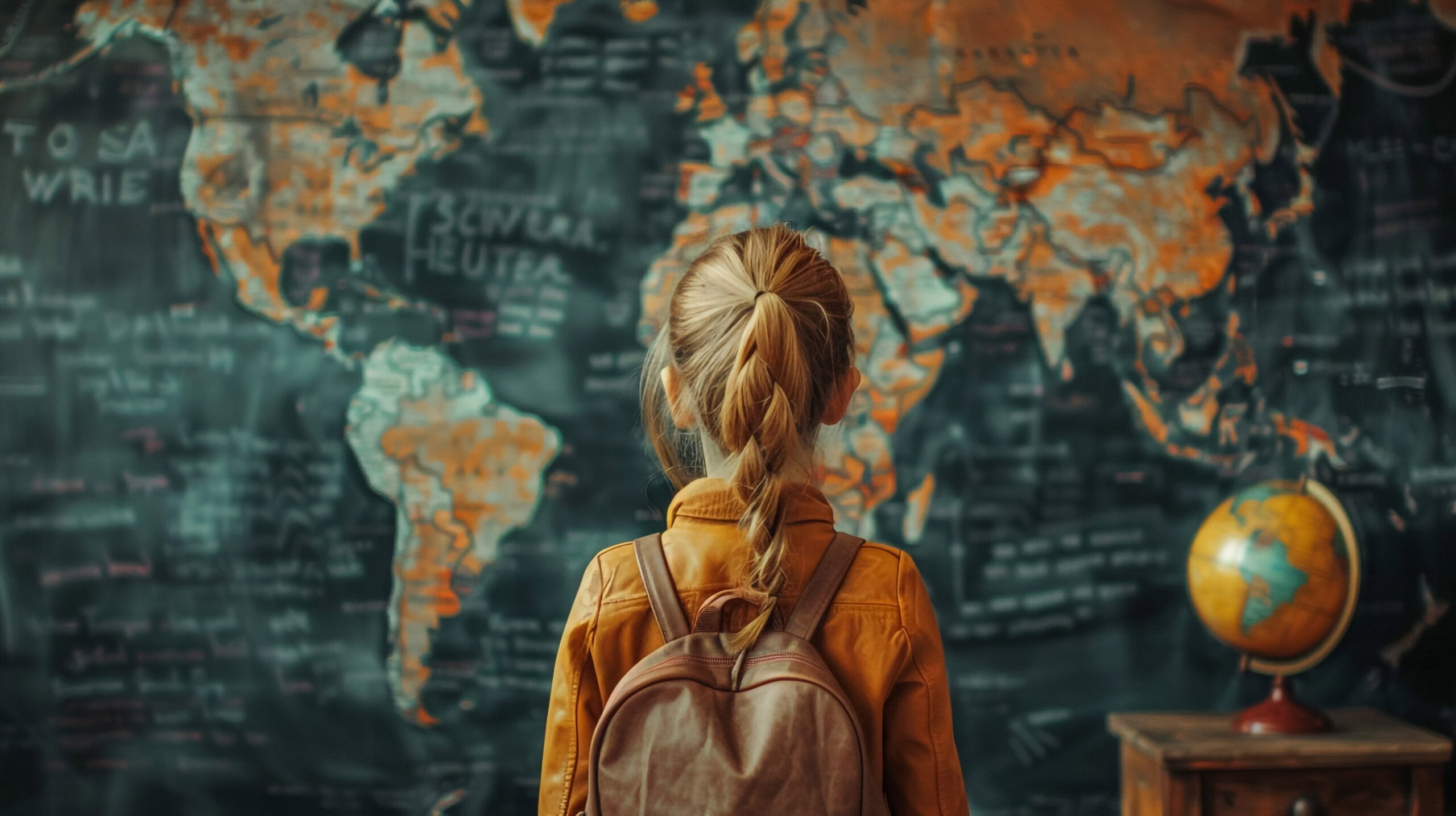 Niña con mochila observando un gran mapa del mundo, simbolizando la presencia internacional y la red de distribución global de la compañía.