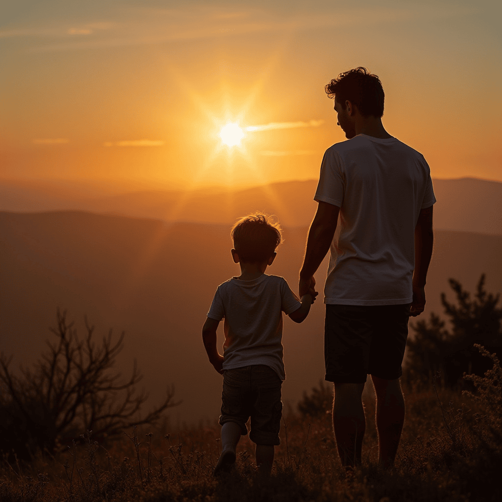 Silueta de un padre y su hijo mirando al horizonte, representando el compromiso con las futuras generaciones de nuestra empresa de packaging.